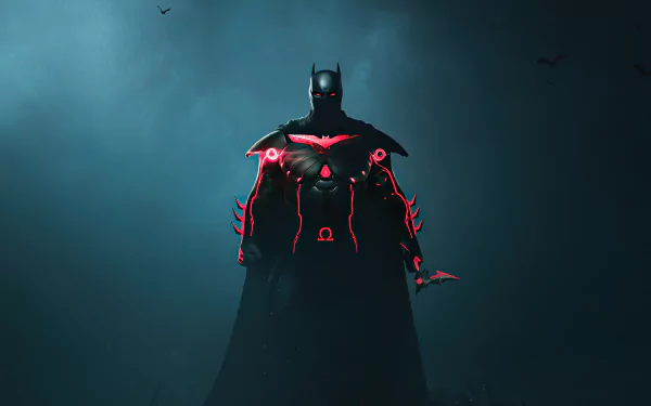 Dark Batman figure with red glowing accents stands in a misty, moody atmosphere, featured as a 4K Ultra HD DC Comics comic wallpaper for PC desktop background.