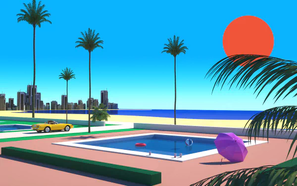 Artistic 4K Ultra HD cityscape wallpaper featuring palm trees, a swimming pool, a yellow car, and a bright red sun against a clear blue sky.