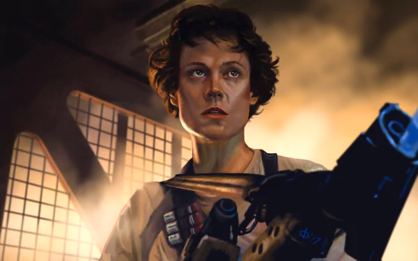 Close-up of a determined sci-fi heroine from the movie Alien, armed in a dim industrial ship interior; 5K Ultra HD PC desktop wallpaper.