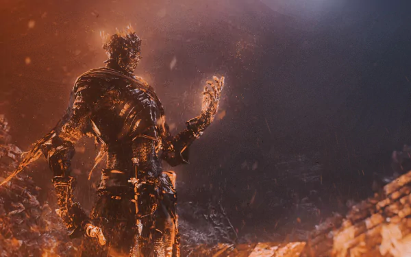 HD PC desktop wallpaper/background — video game Dark Souls III: an ash-covered, ember-wreathed knight raises a burning hand above smoldering, charred ruins.