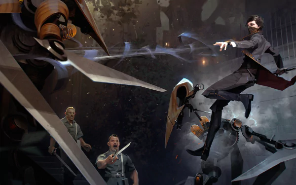 HD desktop wallpaper featuring Emily Kaldwin from the video game Dishonored 2, showcasing an intense action scene with mechanical enemies and dramatic lighting.
