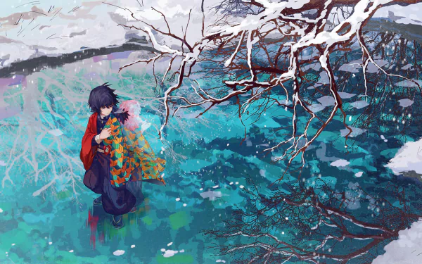 HD wallpaper of Giyuu Tomioka from Demon Slayer: Kimetsu no Yaiba, depicted with a serene backdrop featuring a snowy landscape and vibrant foliage.