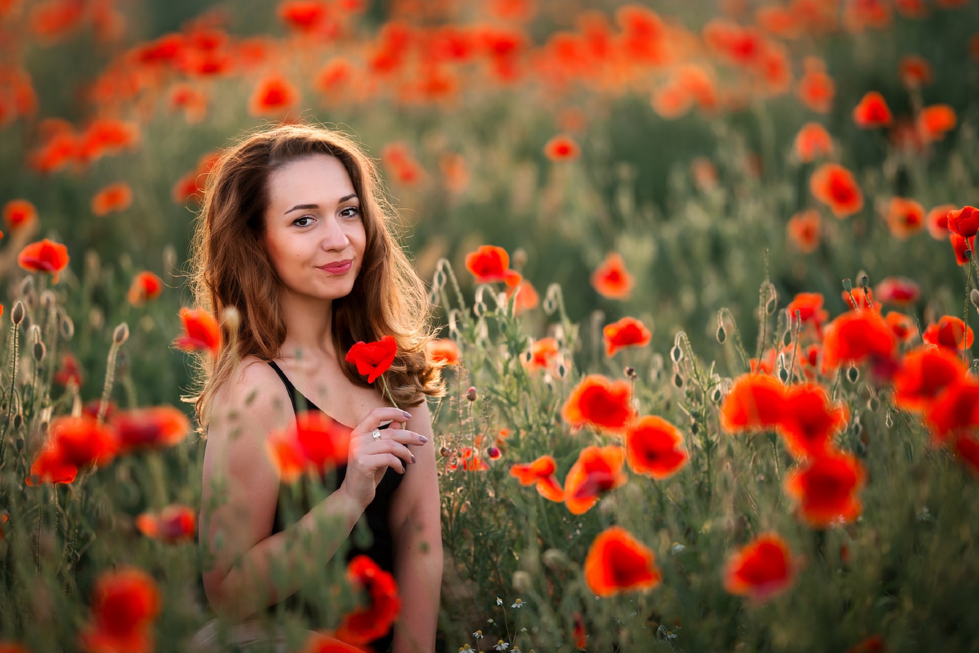 Download Poppy Red Flower Brown Eyes Redhead Woman Model HD Wallpaper