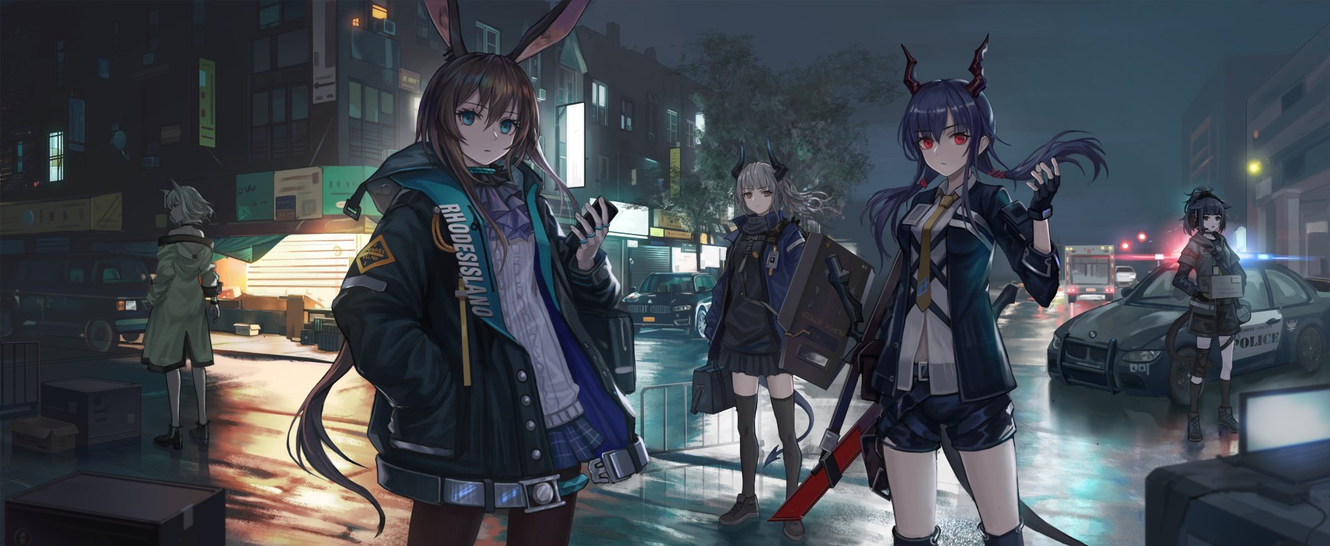 4K Ultra HD Arknights wallpaper featuring Amiya, Kal'tsit, Ch'en, Liskarm, and Jessica standing in a rainy urban night scene from the video game Arknights.