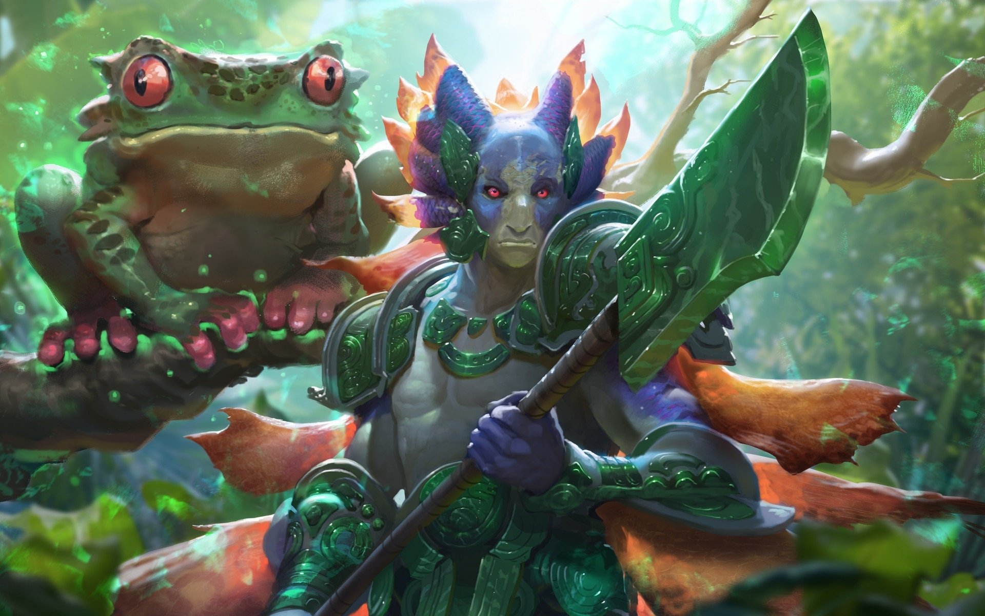Magic: The Gathering HD PC desktop wallpaper: spear-wielding warrior in man-made green armor beside a giant frog in a luminous, sun-dappled swamp.