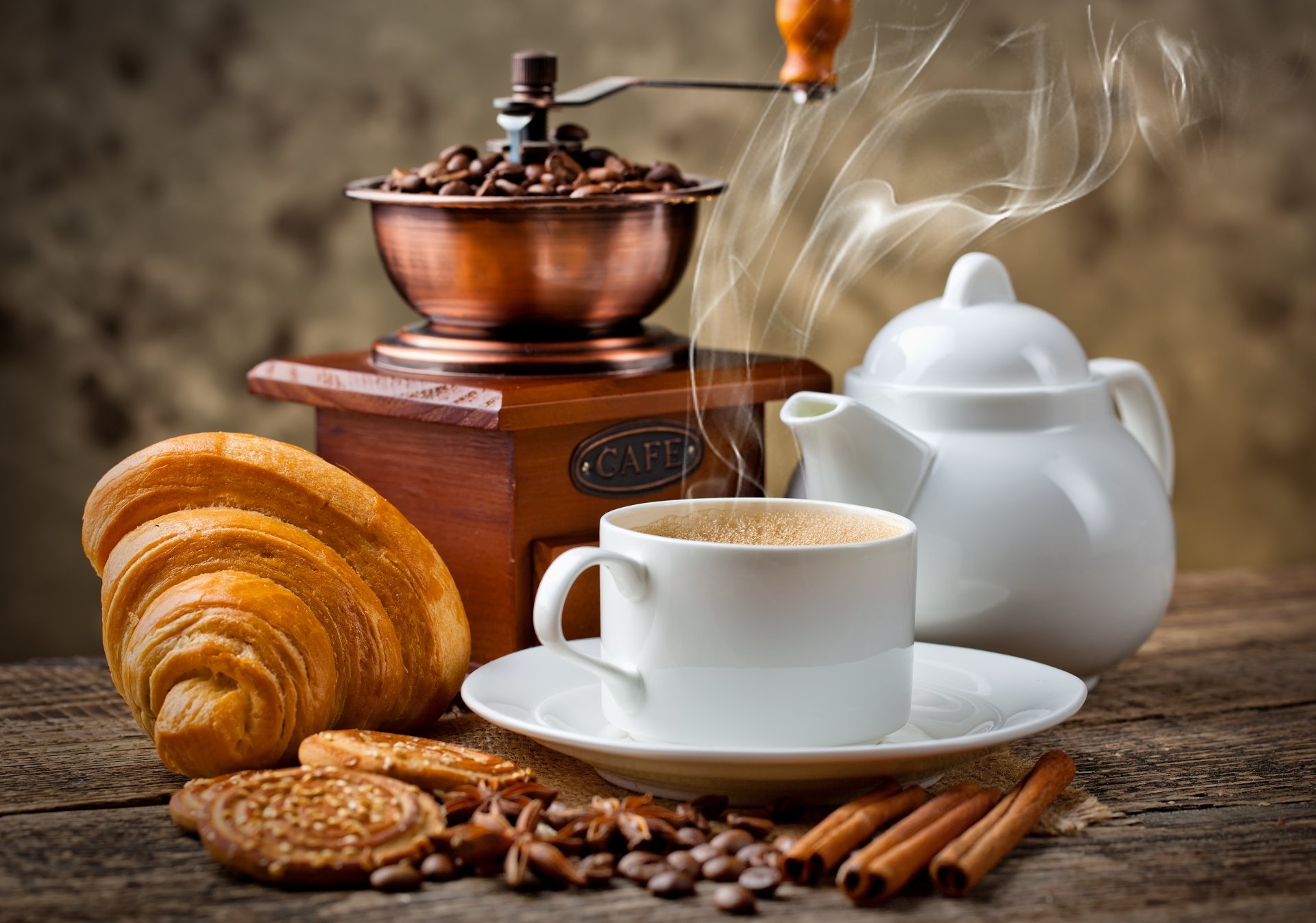 Download Grinder Viennoiserie Still Life Drink Cup Food Coffee 4k Ultra HD Wallpaper