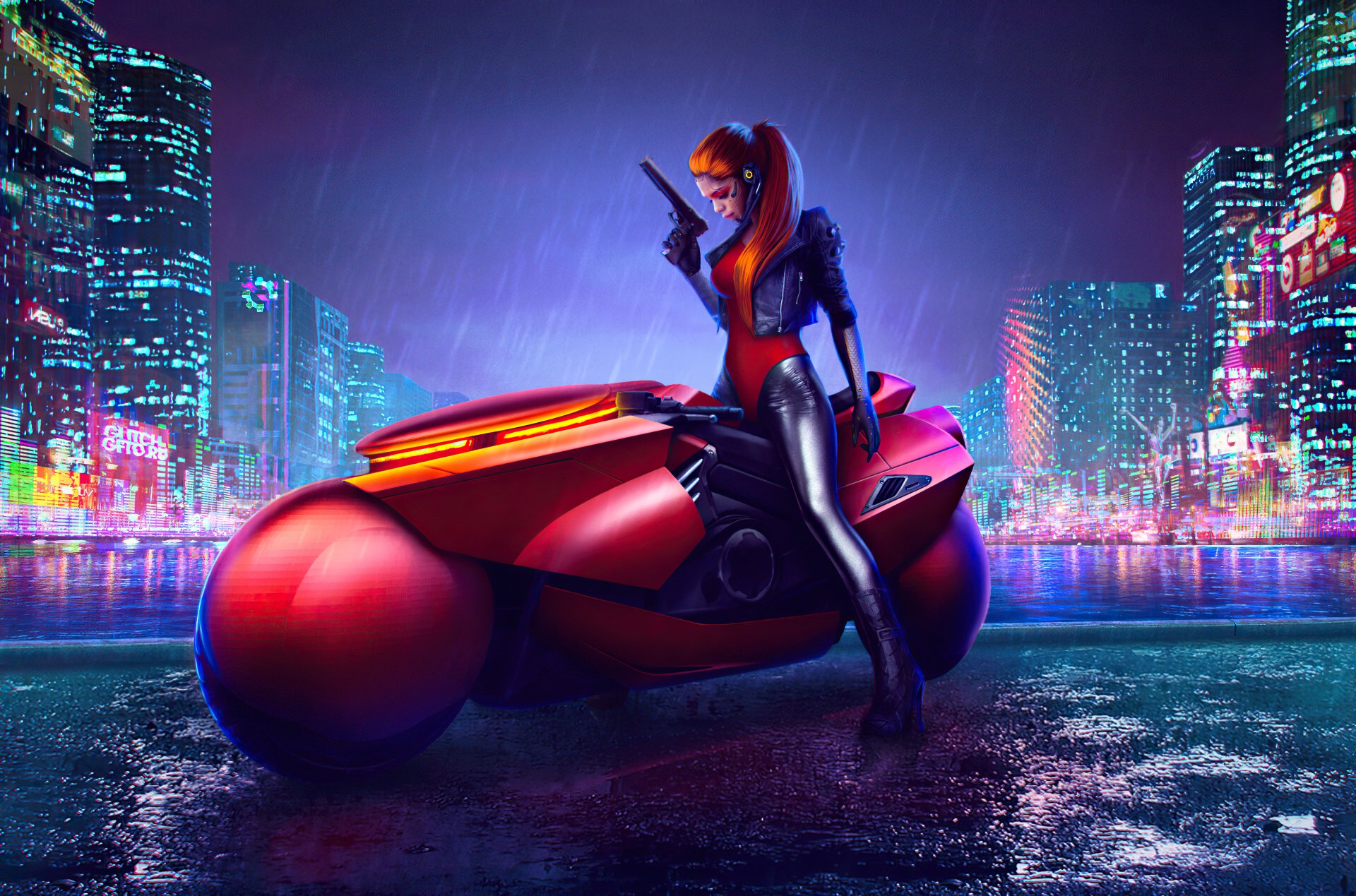 Download Red Hair Ponytail Futuristic Motorcycle Woman Warrior Sci Fi ...