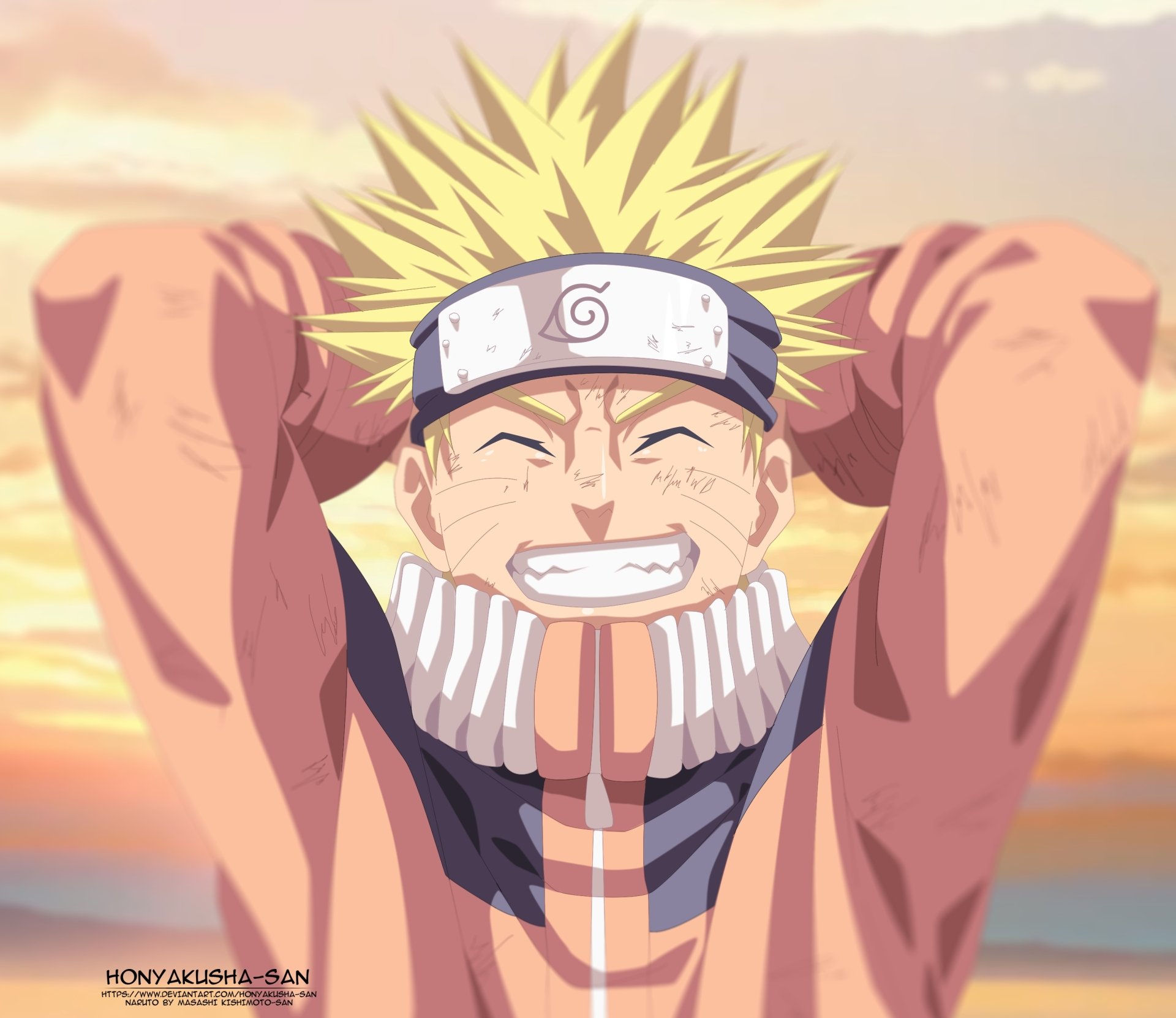 HD PC desktop wallpaper featuring Naruto Uzumaki from the anime Naruto, smiling with arms behind his head against a warm, glowing sky background.