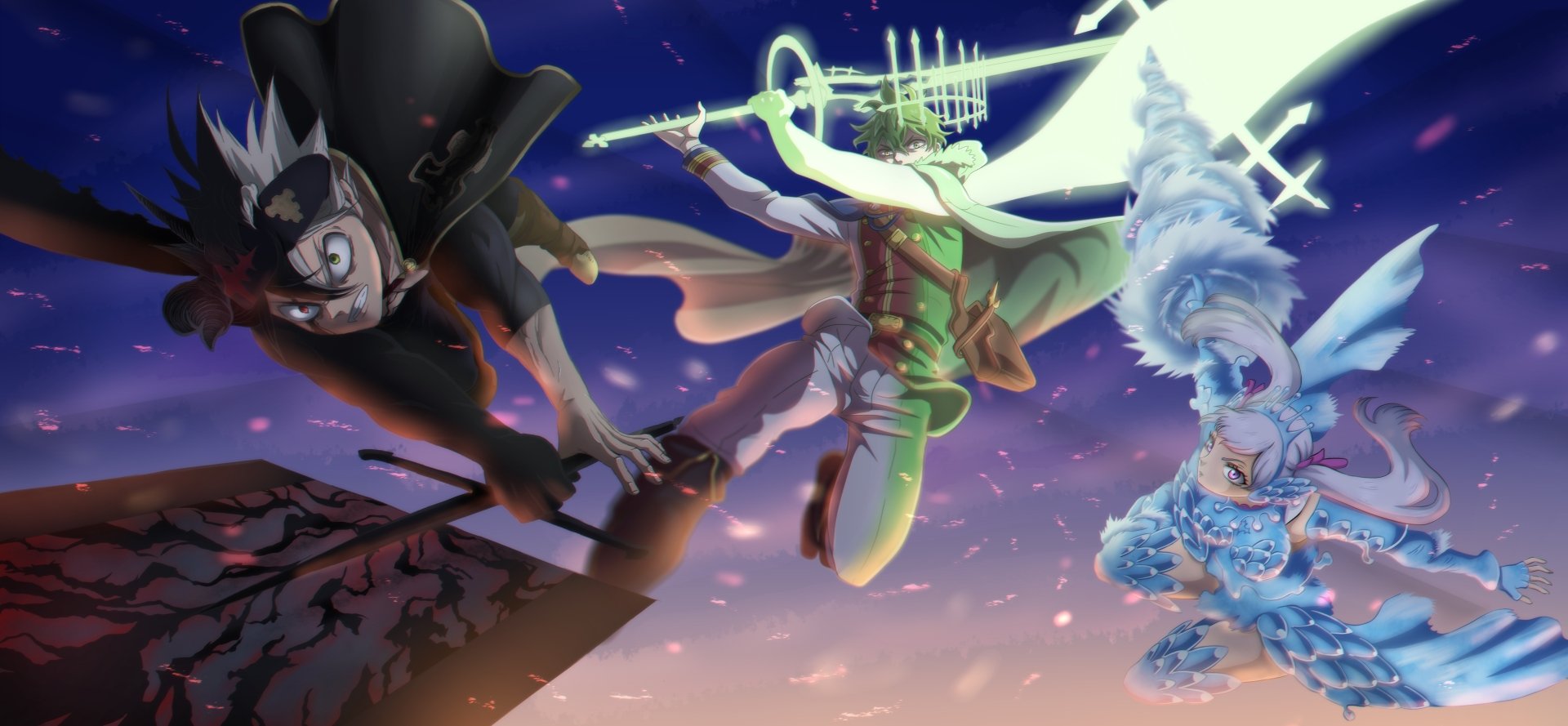 4K Ultra HD anime wallpaper featuring Noelle Silva, Yuno, and Asta from Black Clover in dynamic action poses against a vibrant sky background.