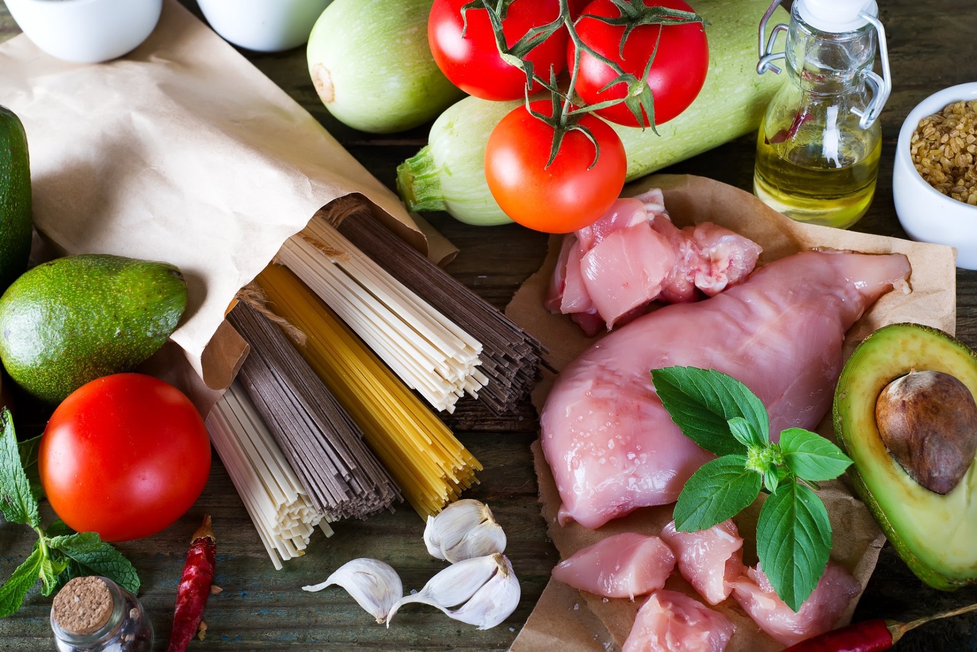 Download Chicken Pasta Avocado Tomato Meat Food Still Life HD Wallpaper