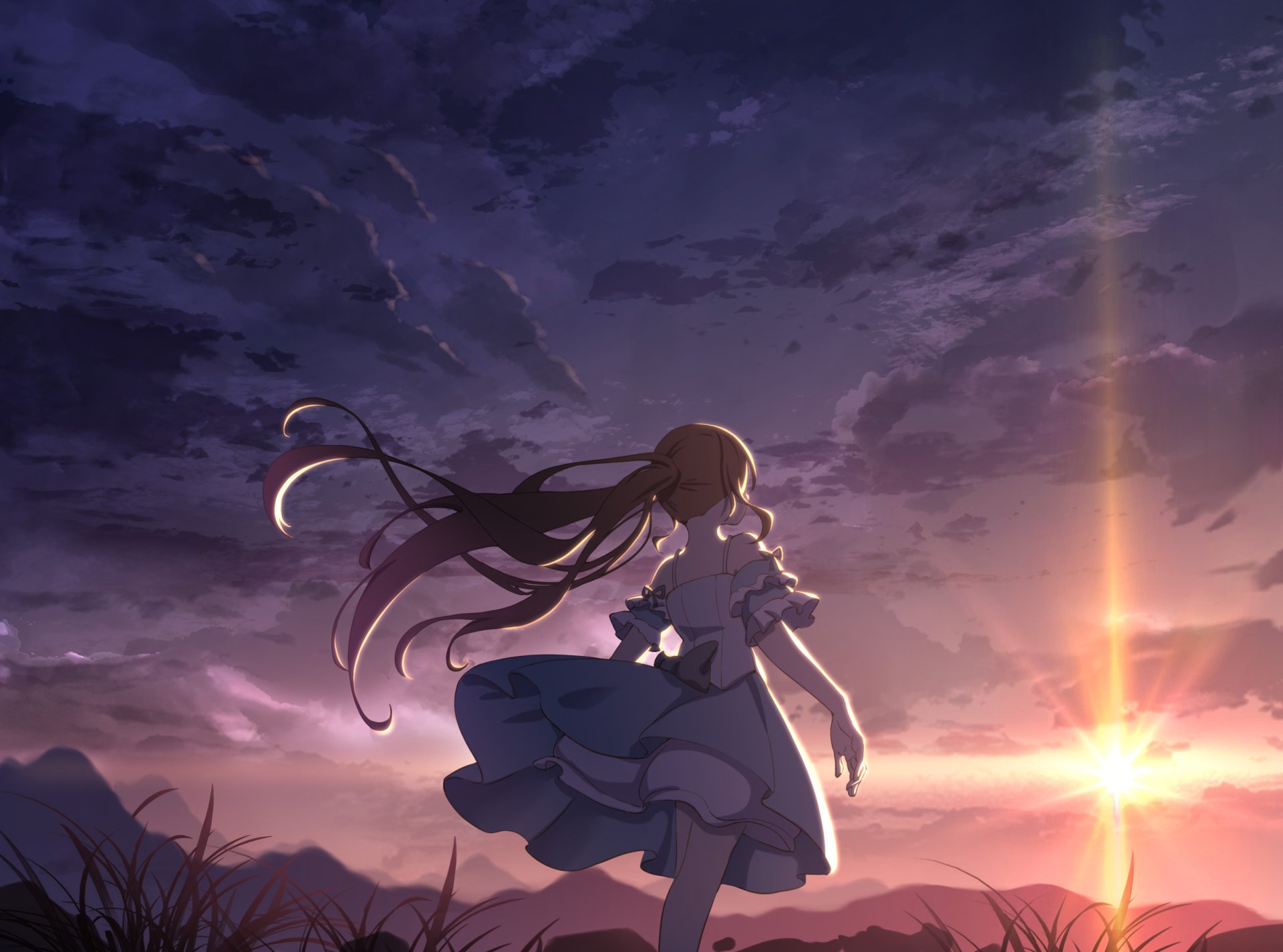 Anime-style HD desktop wallpaper of a long-haired figure standing against a dramatic sunset sky, blending original art with vibrant anime sunset colors.
