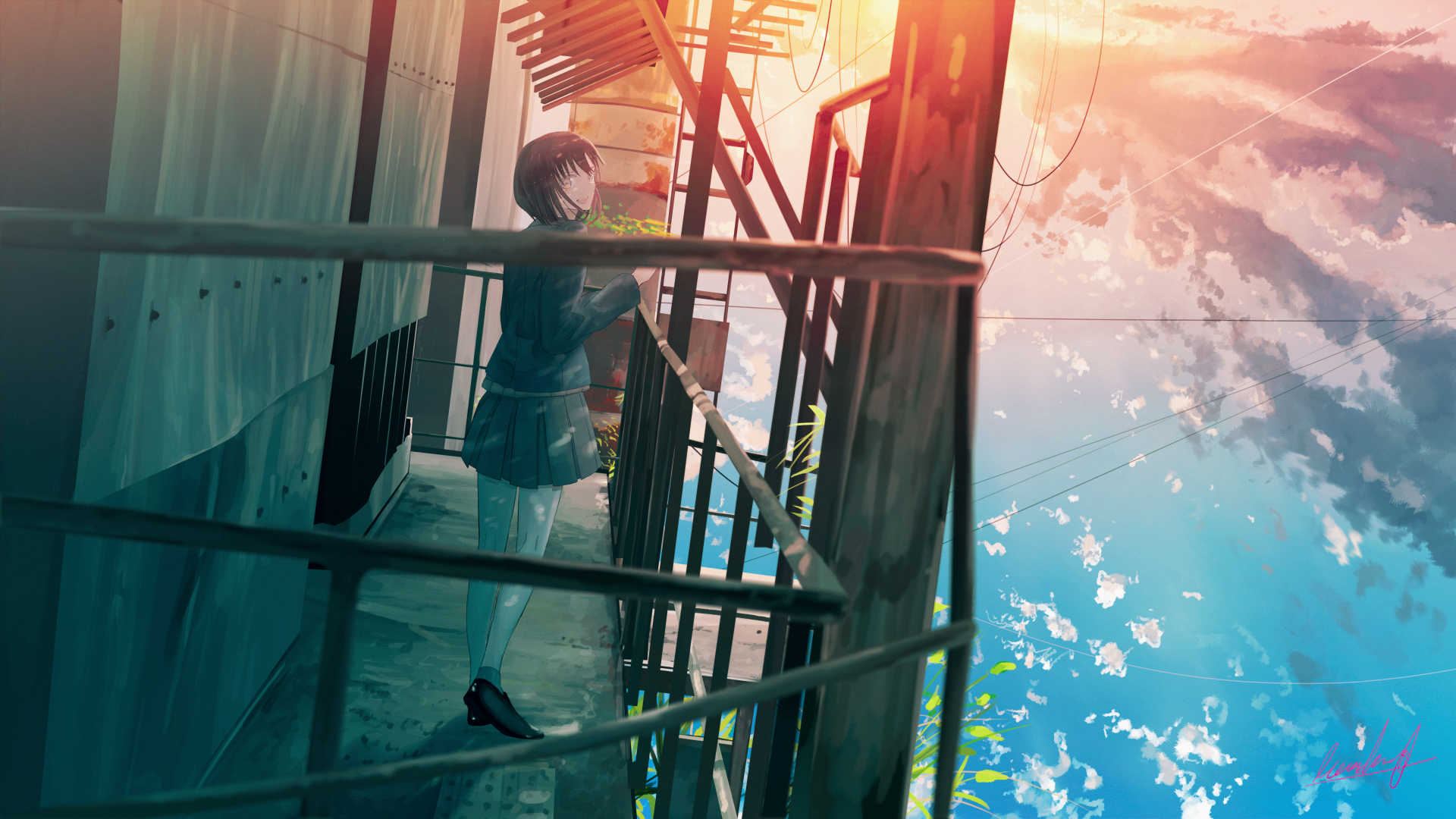 Anime-style 4K Ultra HD desktop wallpaper featuring a uniformed character standing on a rooftop fire escape against a vibrant, detailed sky backdrop.