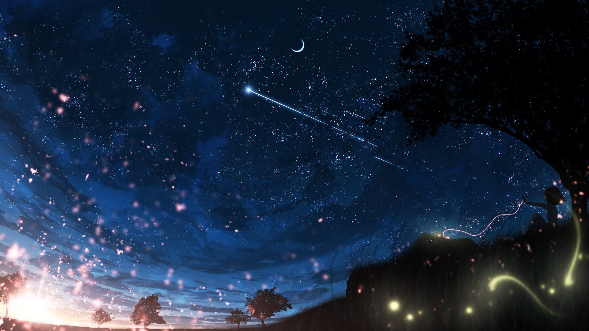 Anime-style HD wallpaper showcasing an enchanting starry sky with a crescent moon, twinkling stars, and silhouettes of trees, creating a serene night-time scene.
