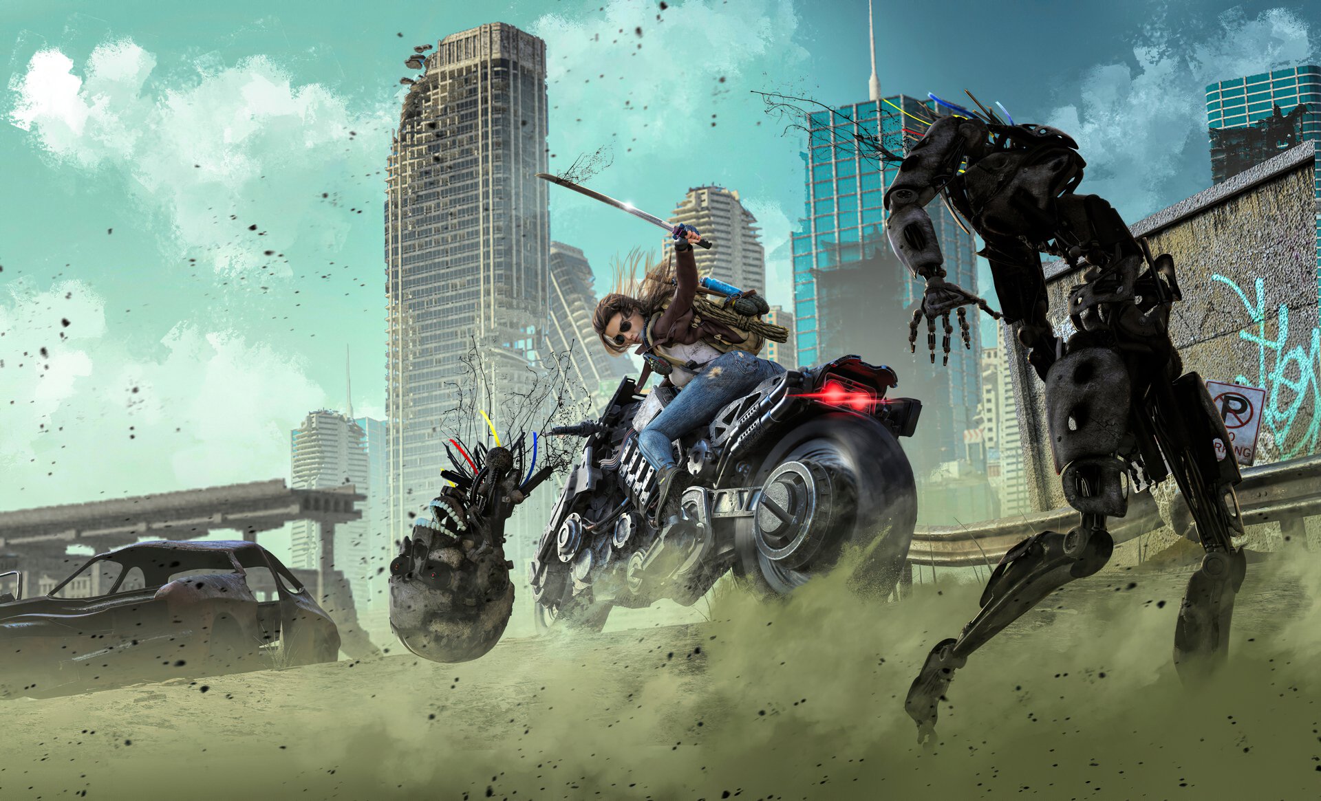 Download Vehicle Sword Motorcycle Woman Warrior Robot Sci Fi Post Apocalyptic 4k Ultra HD Wallpaper by Jake Clark