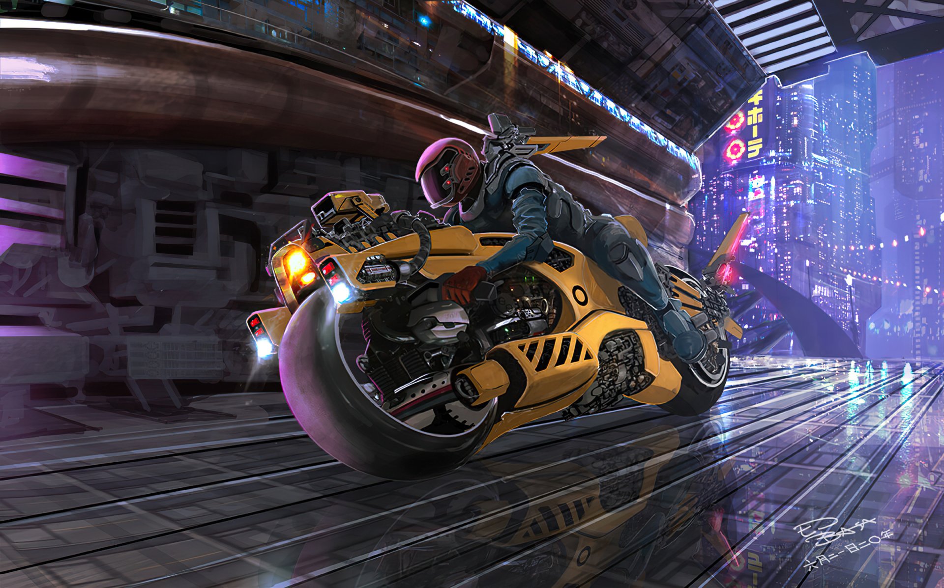 Neon Speed: HD Cyberpunk Motorcycle Wallpaper by Ed Basa