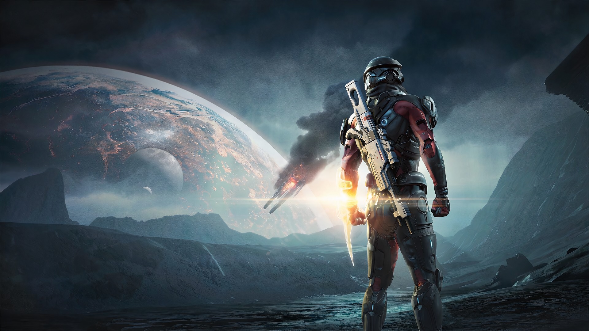4K Ultra HD PC desktop wallpaper featuring a character from the video game Mass Effect: Andromeda standing on an alien landscape with planets and explosions in the background.