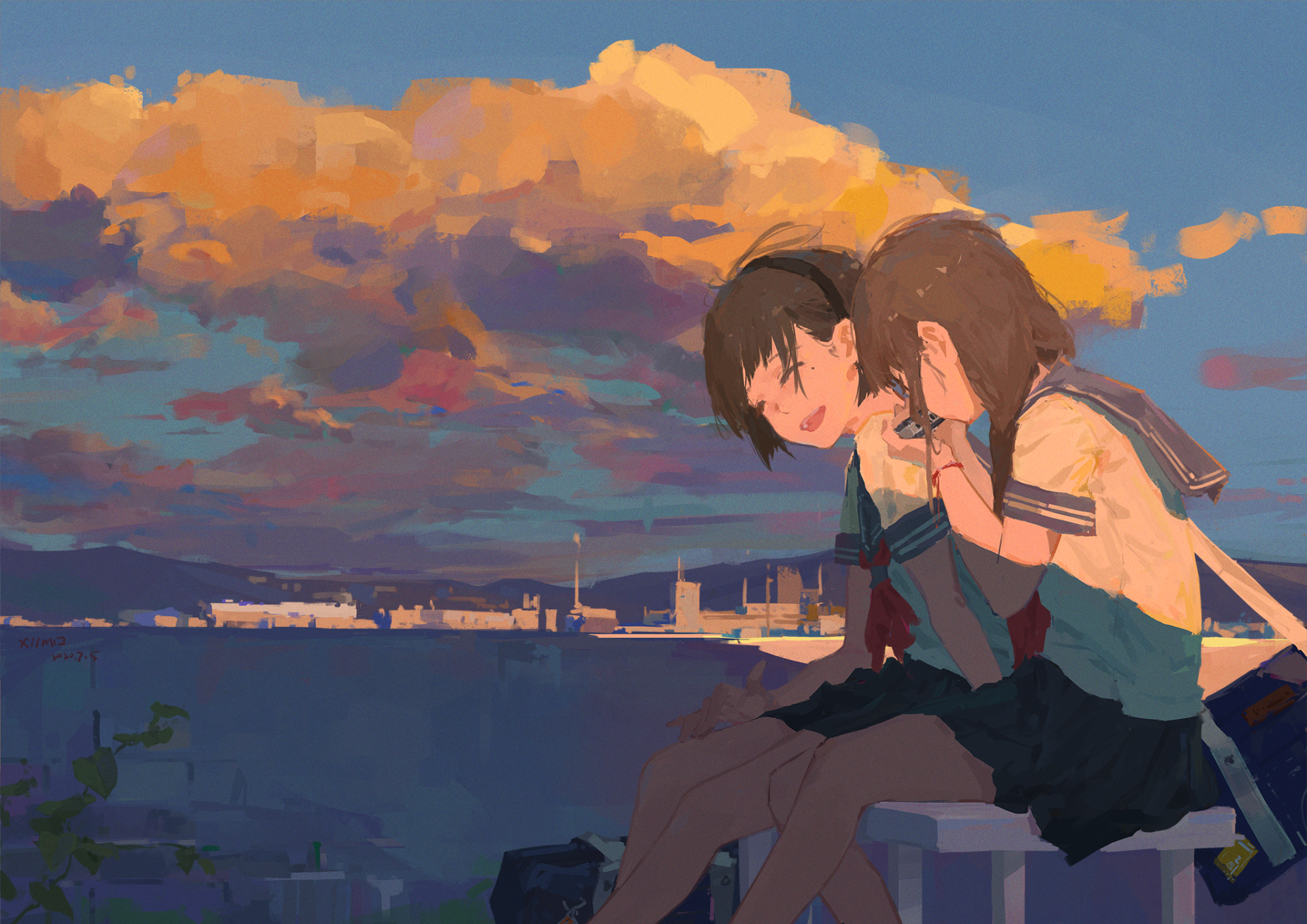 HD anime desktop wallpaper of two girls in school uniforms sitting together against a vibrant cloud-filled sky at sunset, blending original art with serene atmosphere.
