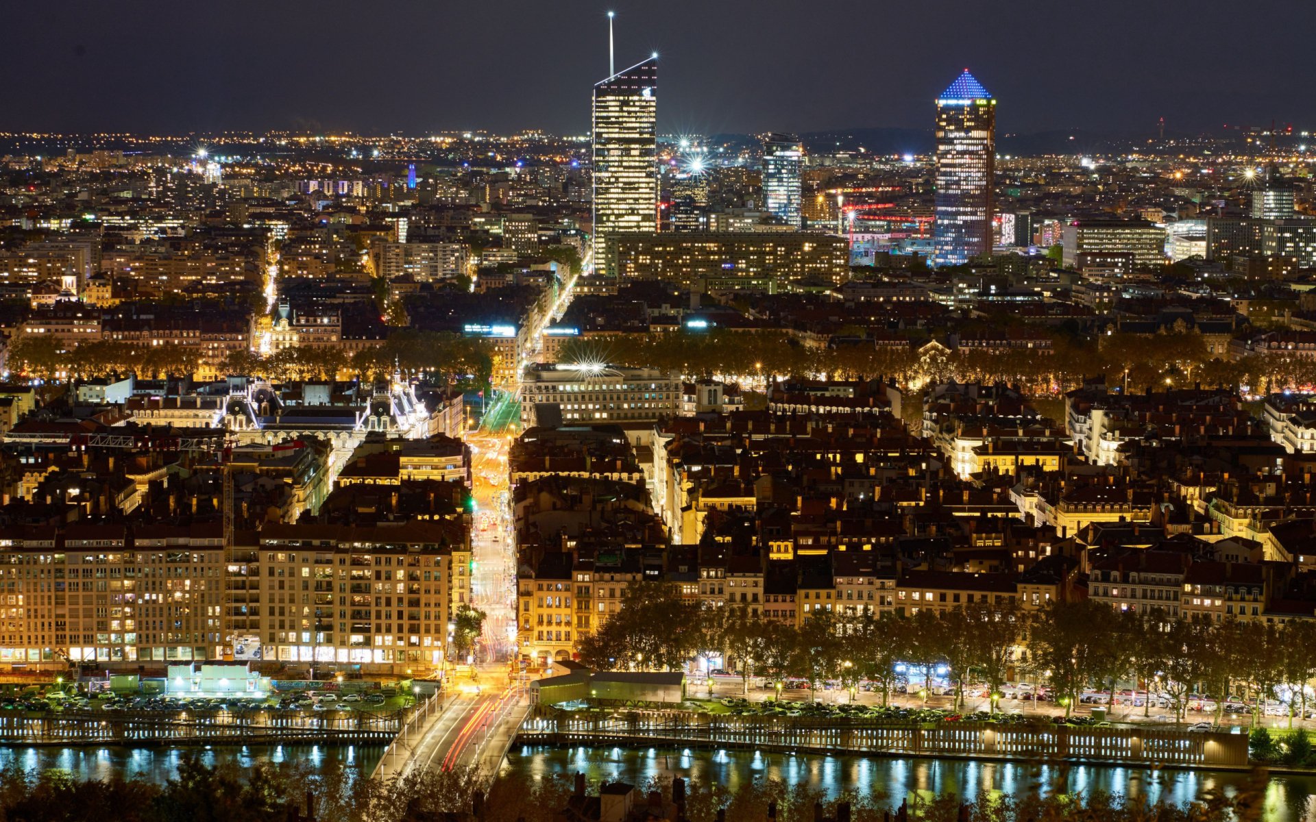 Download France Night Water Bridge River Road Light City Man Made Lyon HD Wallpaper