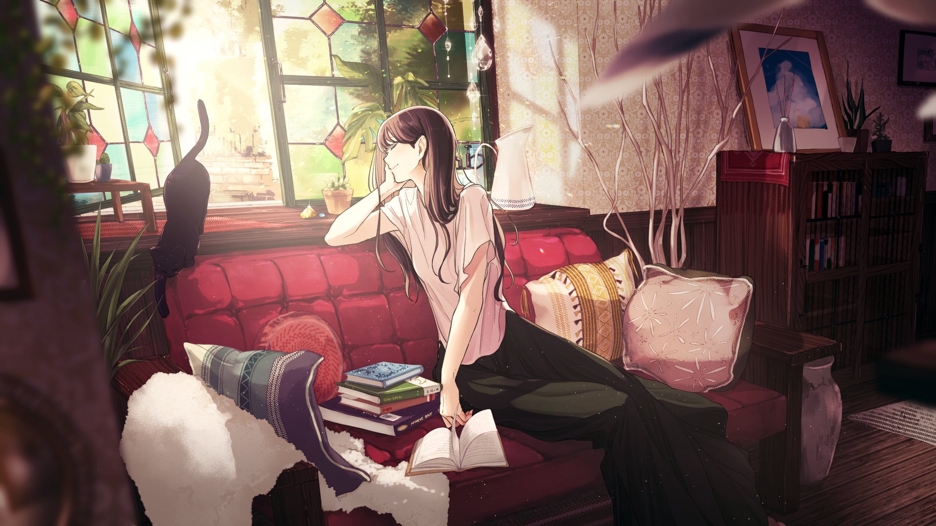 Anime HD wallpaper featuring a girl with long black hair relaxing on a red sofa beside a stack of books, a cat, and a stained glass window in a cozy room.