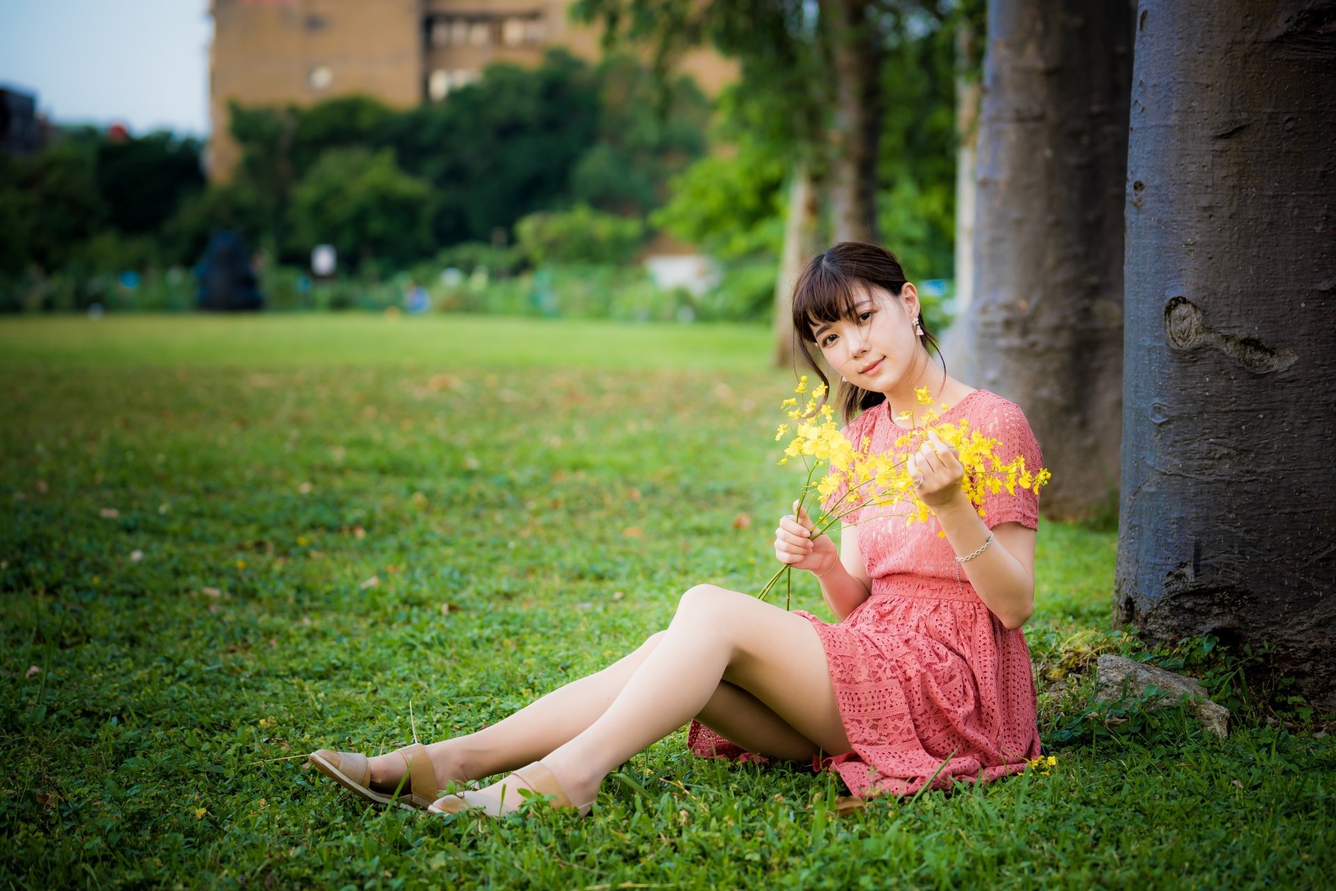 A brunette Asian woman in a pink dress sits on green grass against a tree, holding yellow flowers with a blurred natural background in 4K Ultra HD detail.