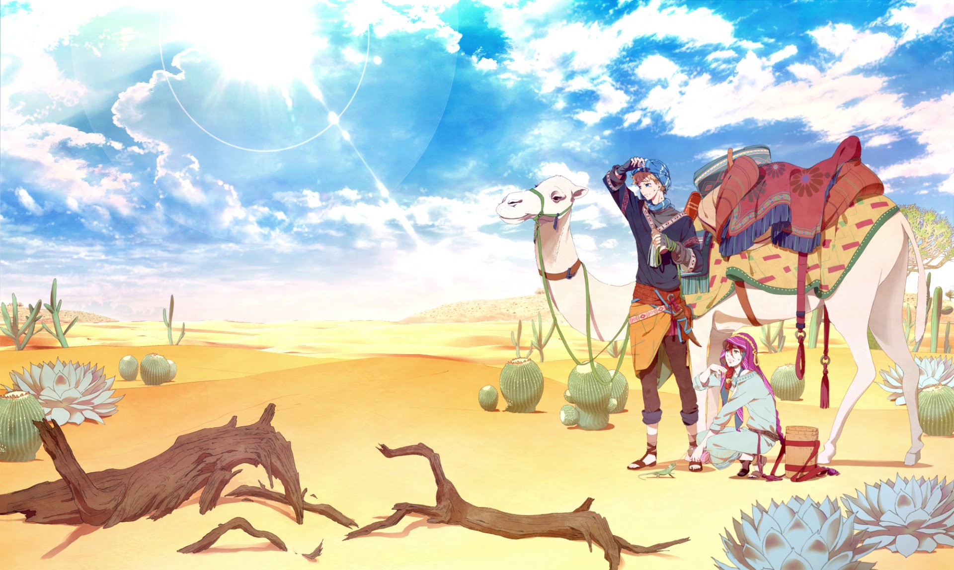 Anime-style HD desert landscape under a bright sky features two characters and two camels amidst cacti, blending original art with vibrant colors for a PC desktop wallpaper.