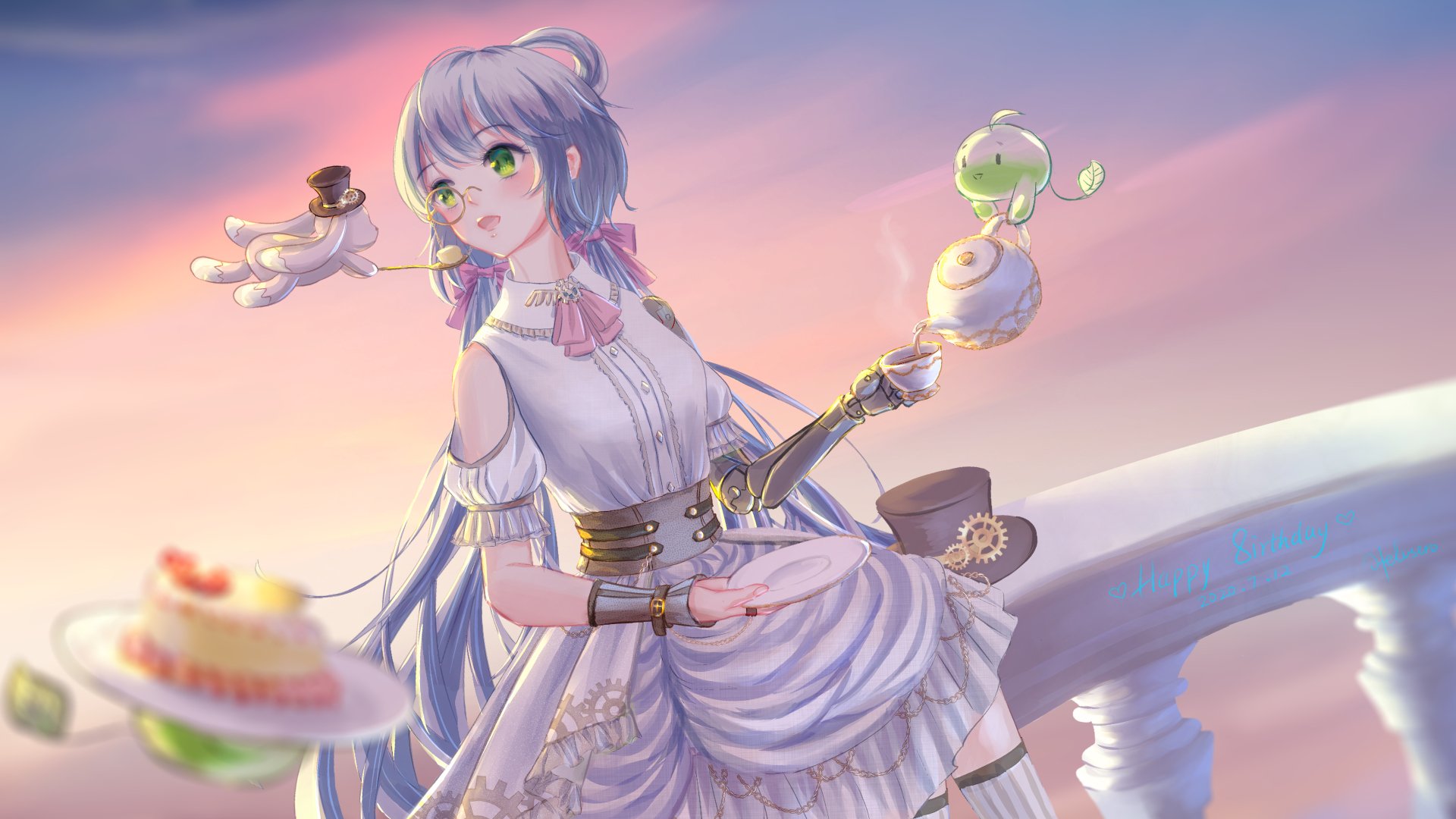 4K Ultra HD anime wallpaper of Vocaloid Luo Tianyi: long white hair, green eyes, ornate white dress, floating desserts and pastel sunset background.