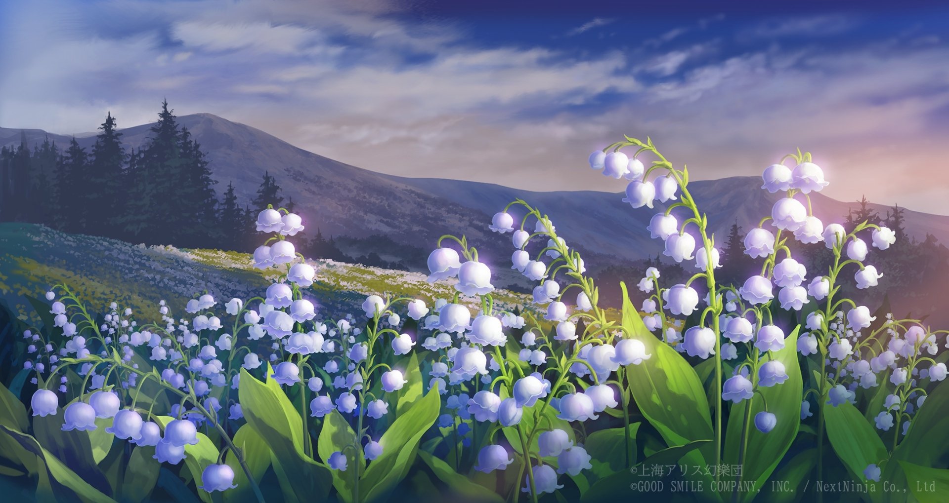 HD anime desktop wallpaper featuring white lily of the valley flowers in a scenic mountainous landscape, inspired by Touhou aesthetics.
