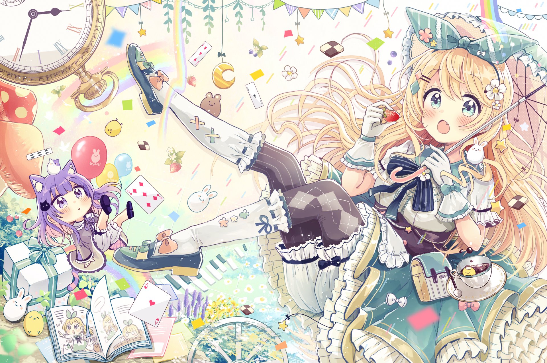 A 4K Ultra HD anime wallpaper featuring a blonde anime girl with long hair and aqua eyes, surrounded by colorful whimsical elements and a small purple-haired character.