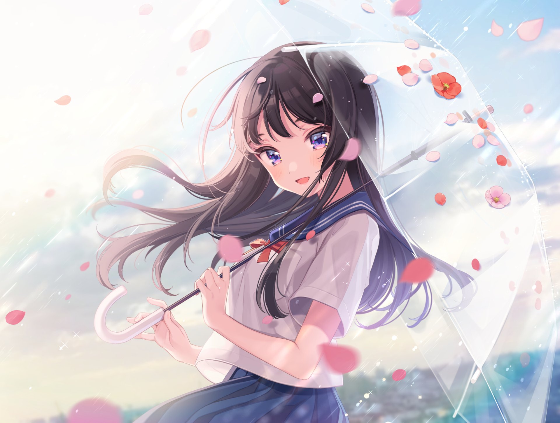 Anime girl with blue eyes and black hair in a school uniform holding a transparent umbrella, surrounded by floating pink petals in a bright, soft background.