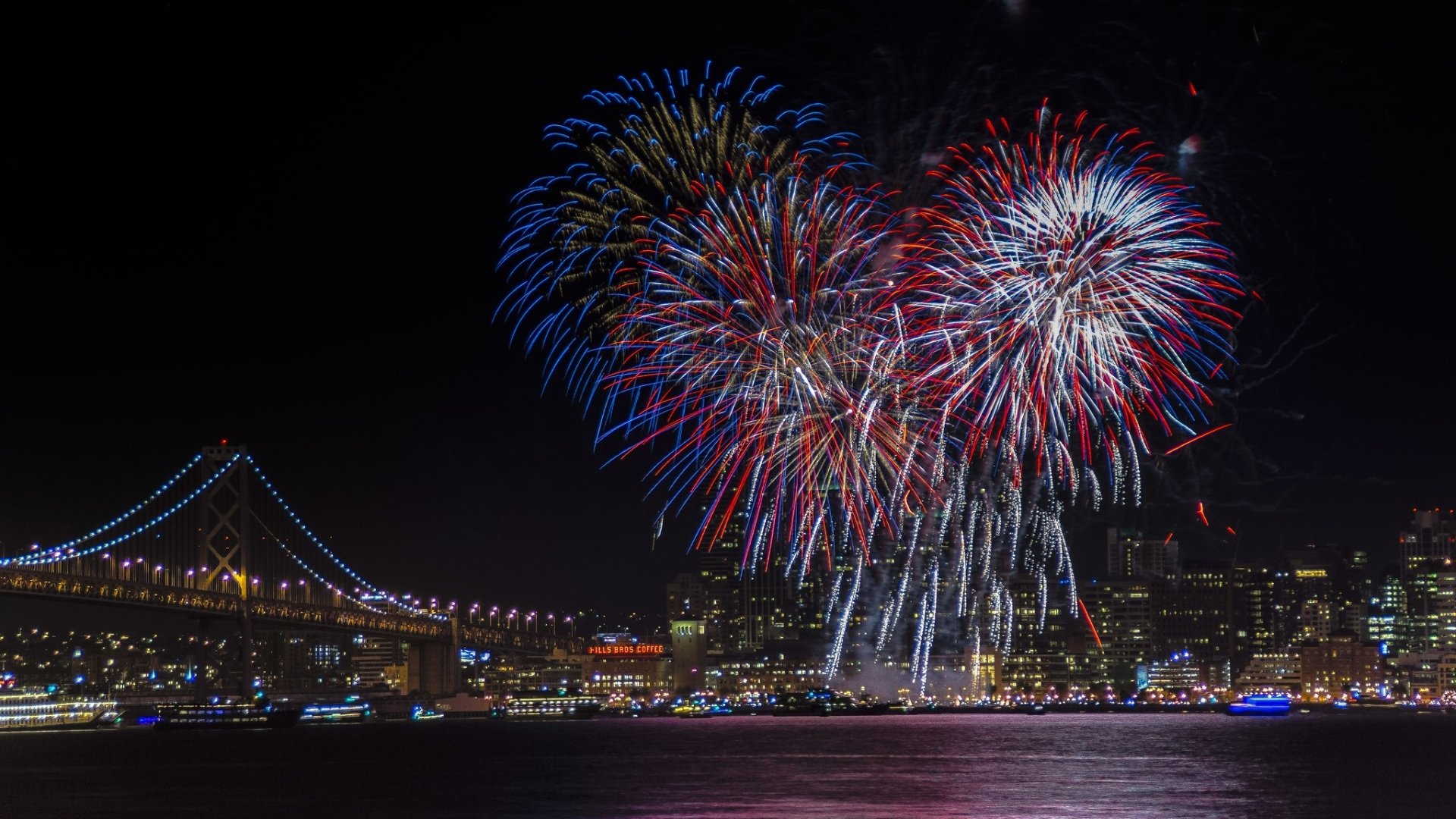 Download Skyscraper Building Bridge Photography Fireworks HD Wallpaper