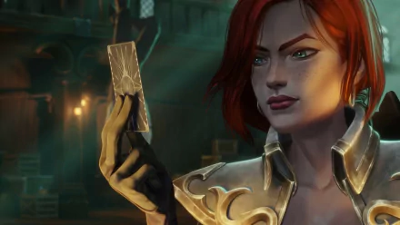 HD PC desktop wallpaper of Miss Fortune (League of Legends) from the Legends of Runeterra video game — close-up of a red-haired gunslinger in ornate armor holding a card.