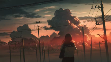 HD anime desktop wallpaper featuring a silhouetted figure looking at an evening sky with dramatic clouds and power lines in the background, tagged as original.