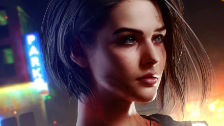 Close-up 4K Ultra HD PC wallpaper of Jill Valentine from Resident Evil 3, showcasing detailed facial features with a neon-lit cityscape background.
