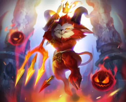 HD PC desktop wallpaper of Teemo (League of Legends) as a fiery, devilish yordle, brandishing flaming tridents amid glowing jack‑o'lanterns — League of Legends video game artwork