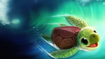 A cute fantasy turtle swims joyfully through vibrant blue and green waters in this HD desktop wallpaper and background.