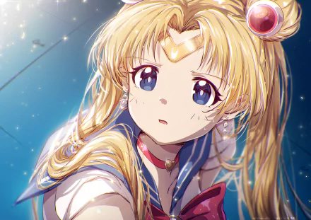 HD anime desktop wallpaper featuring Sailor Moon with detailed blonde hair and expressive blue eyes against a soft glowing background.
