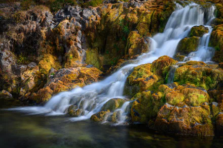 A 4K Ultra HD image of Dynjandi waterfall in Iceland, showcasing cascading water over moss-covered rocks in a vibrant natural landscape.