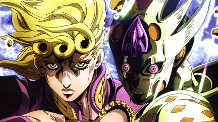 8K Ultra HD wallpaper featuring Giorno Giovanna and Golden Experience Requiem from JoJo's Bizarre Adventure: Golden Wind in dynamic anime style.