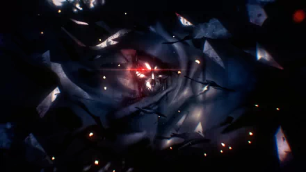 HD desktop wallpaper featuring Ainz Ooal Gown from the anime Overlord, displaying a dark and mystical aura with shards and glowing red eyes.