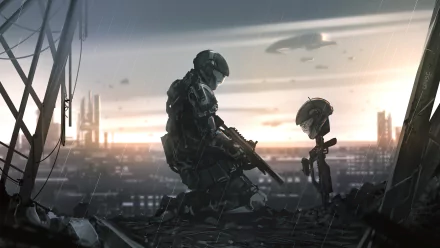 A futuristic soldier from Halo 3: ODST kneels amidst ruins, holding a rifle with a helmet on a stick nearby, set against a cityscape at dawn in 4K Ultra HD detail.