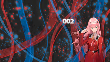 4K Ultra HD desktop wallpaper featuring Zero Two from the anime Darling in the FranXX, with dynamic red and blue streaks and a starry background.