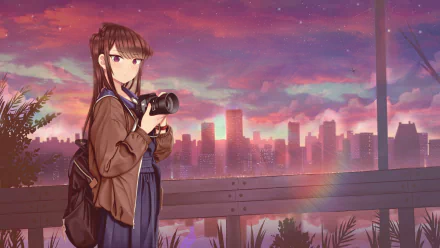 camera sunset city backpack purple eyes Anime Komi Can't Communicate anime sunset anime city HD Desktop Wallpaper | Background Image