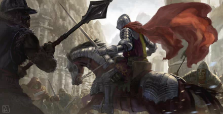 A fantasy warrior knight in full armor rides a horse into battle against an orc, with a flowing red cape and a dramatic, war-torn background.