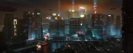 HD desktop wallpaper and background featuring a stunning night cityscape from the video game Cyberpunk 2077, showcasing skyscrapers illuminated by neon lights and a futuristic, immersive atmosphere.