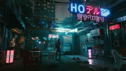 Cyberpunk 2077 4K Ultra HD PC wallpaper depicting a neon-lit urban alley with a lone figure under glowing signs in a futuristic cityscape.