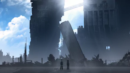 Yuuri and Chito from Girls' Last Tour stand amid towering ruined buildings under a bright sky in this 4K Ultra HD anime desktop wallpaper.