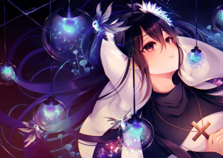 An HD anime wallpaper featuring an original character with black hair, adorned with a cross necklace, surrounded by luminous lamps.