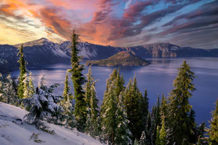 island nature lake snow Oregon Crater Lake HD Desktop Wallpaper | Background Image