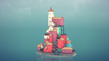 HD desktop wallpaper from Townscaper featuring whimsical, colorful houses clustered around a lighthouse on a serene sea.