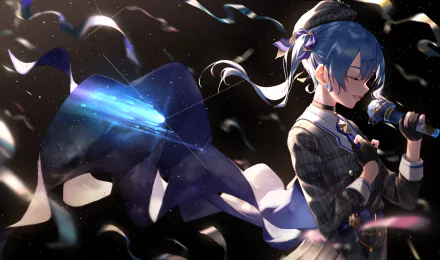 Hoshimachi Suisei from hololive sings passionately with blue hair flowing, captured in stunning 8K Ultra HD anime style for a vibrant PC desktop wallpaper.